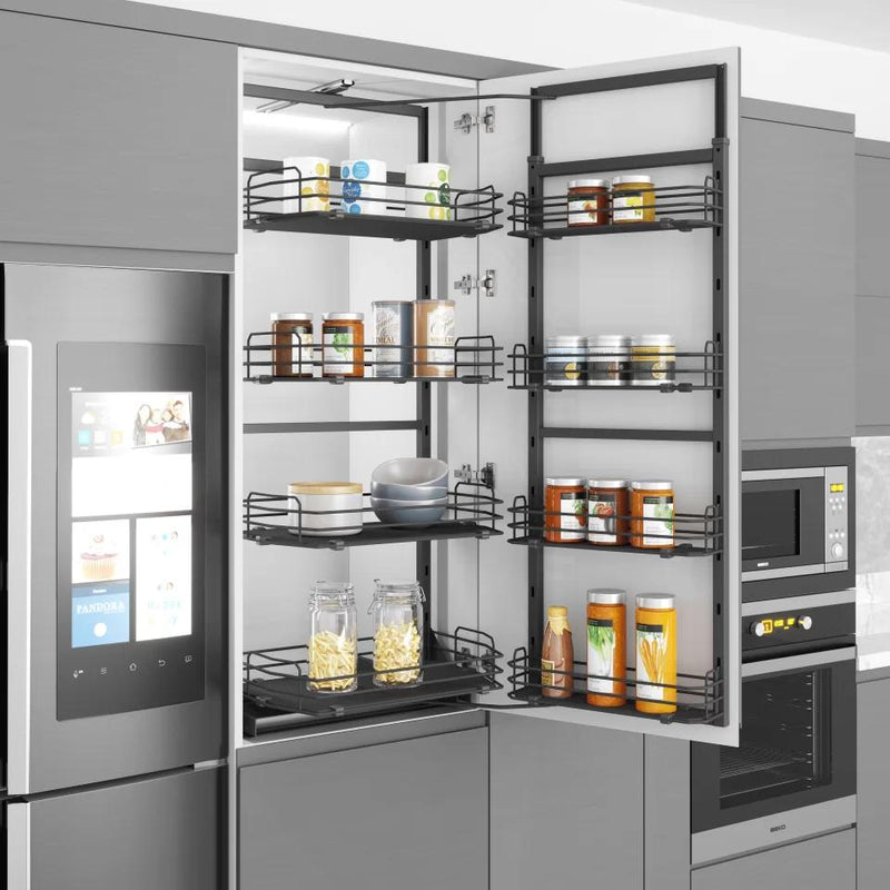 Pull-out kitchen larder storage inside a grey kitchen cabinet