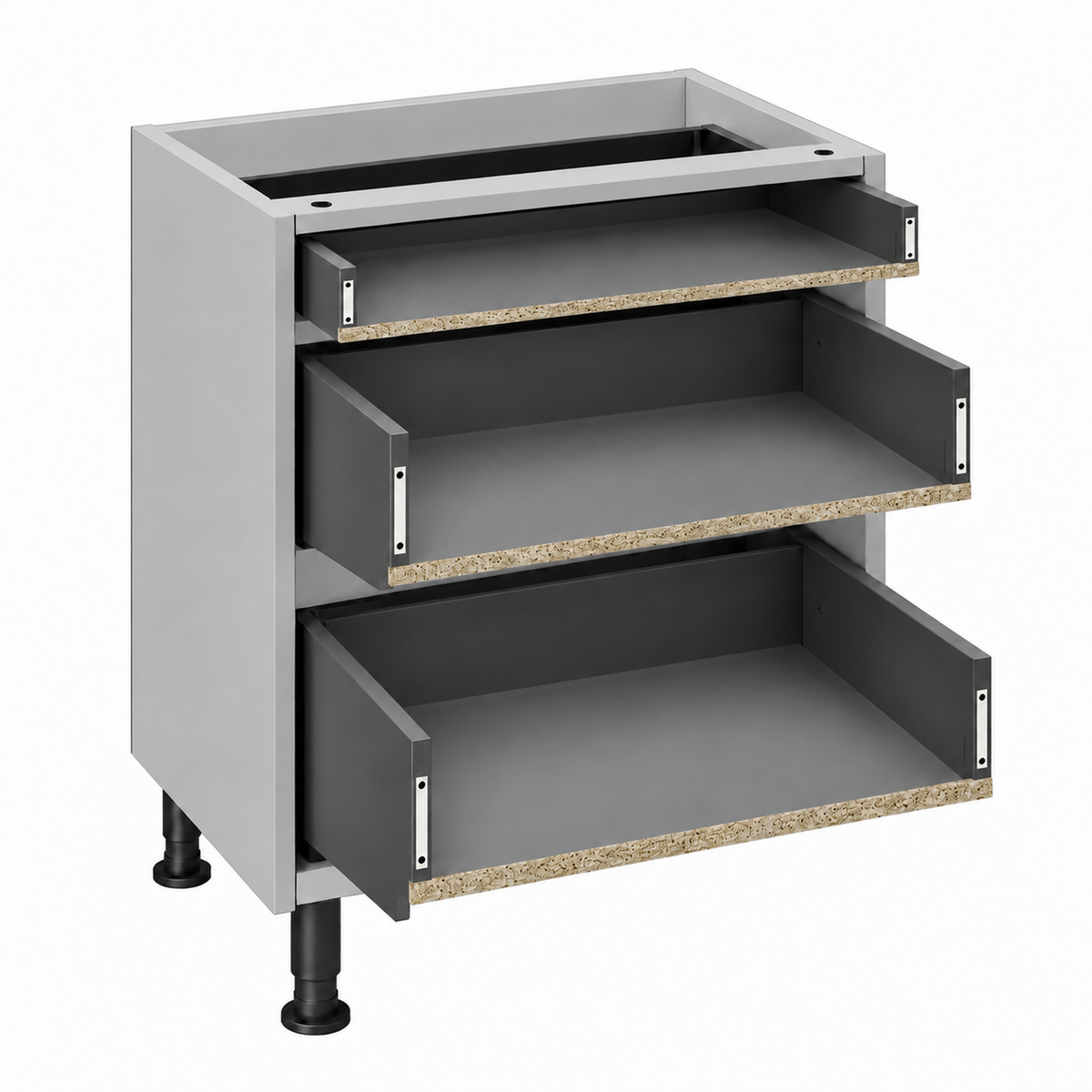 Light Grey cabinet with one standard and two pan drawers