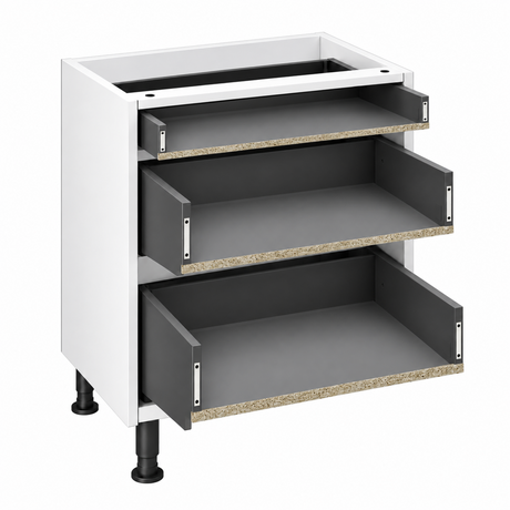White cabinet with one standard and two pan drawers