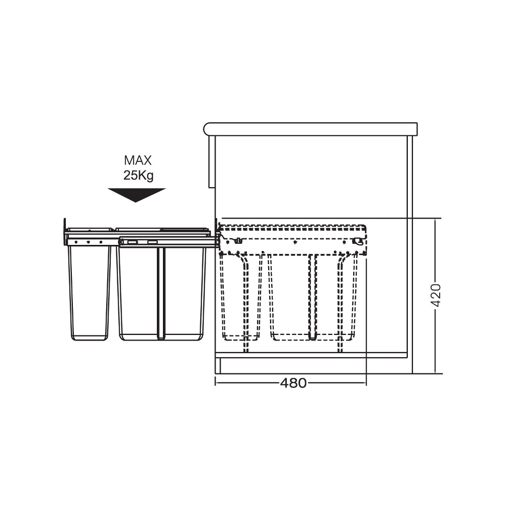 Heron Waste Bin, Under Counter, 30 Litre (1x20, 1x10), To Suit 300mm Cabinet, Base Mounted