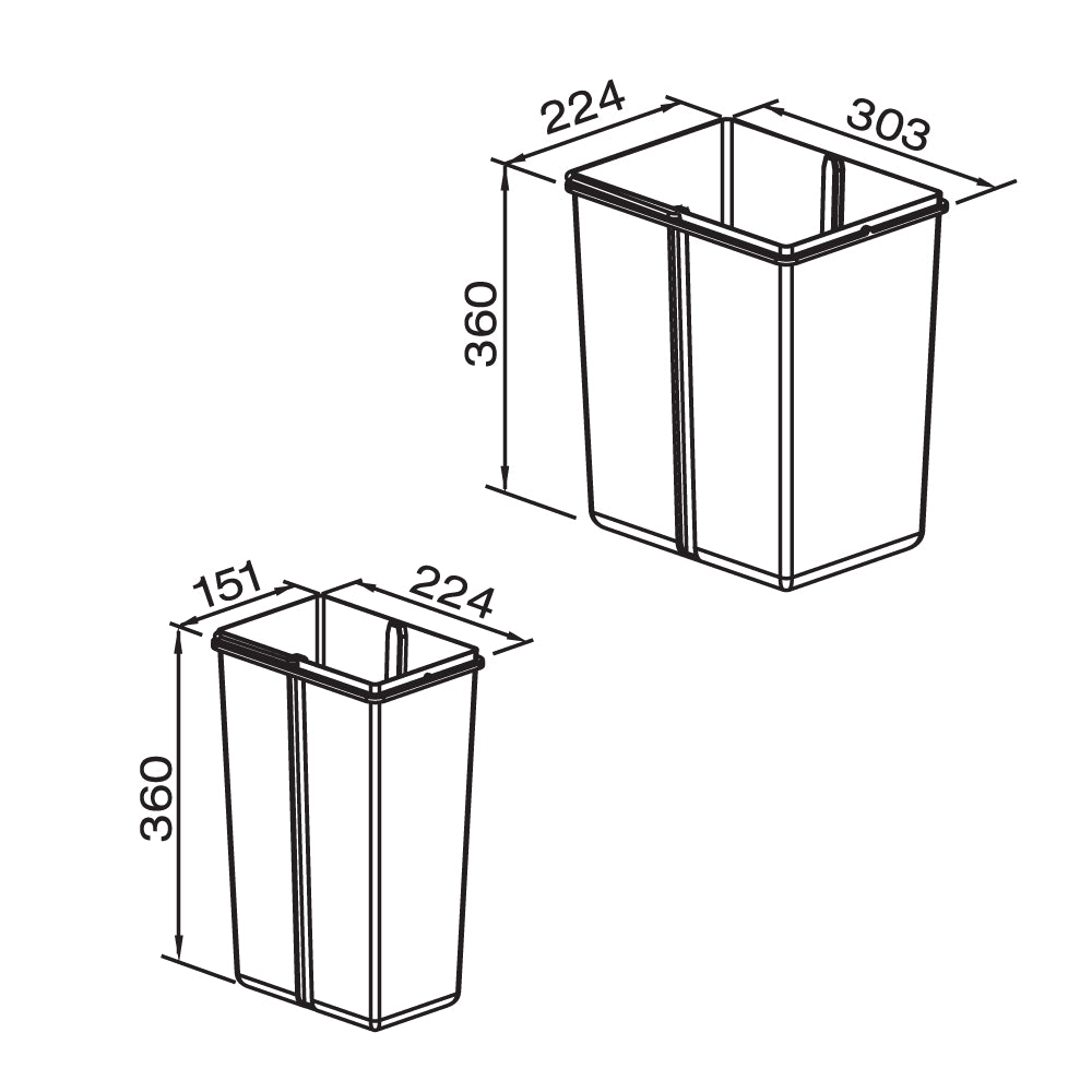 Heron Waste Bin, Under Counter, 30 Litre (1x20, 1x10), To Suit 300mm Cabinet, Base Mounted