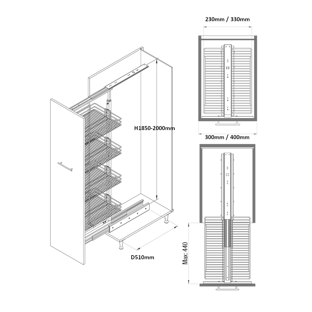 1850-2000mm Telescopic Larder, 6x Solid Base Baskets, Soft Closing, To Suit 300mm Cabinet, 2 Colours Available