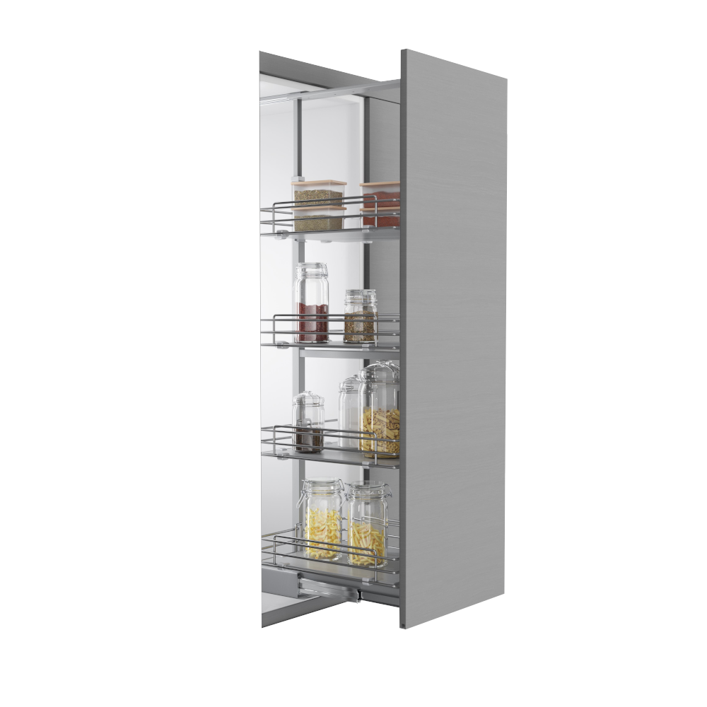 1850-2000mm Telescopic Larder, 6x Solid Base Baskets, Soft Closing, To Suit 300mm Cabinet, 2 Colours Available