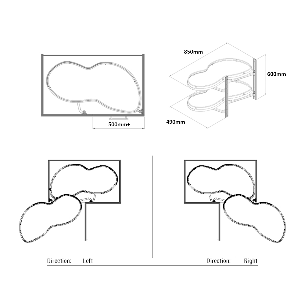 Solid Surface Kidney Corner, Soft Close, 500mm Door Minimum, To Suit 1000mm Cabinets, 2 Colours Available