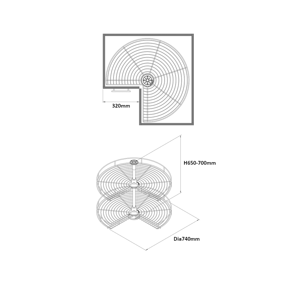 3-4 Turning Wire Carousel Set, 740mm Diameter, Adjustable Height, To Suit 900mm L-Cabinets, 2 Colour Options