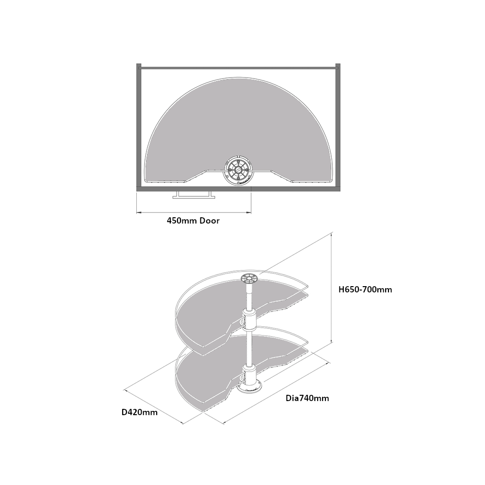 1-2 Solid Base Carousel Set, 740mm Diameter, Adjustable Height, To Suit 800-900mm Cabinets, 450mm Door, 2 Colours Available