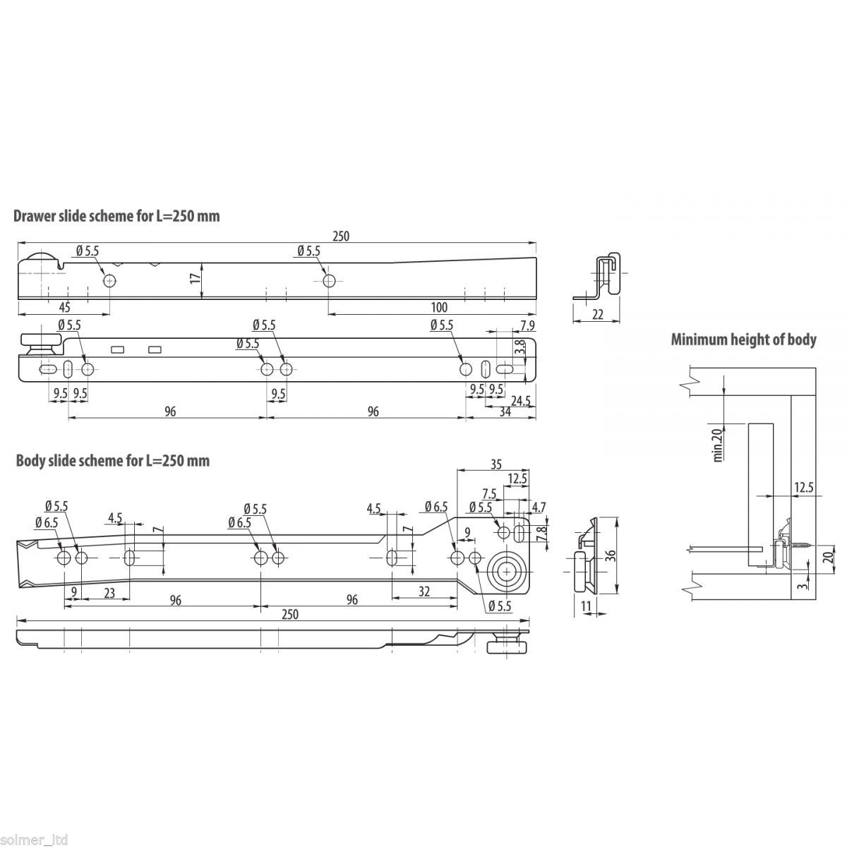 GTV, Undermount Drawer Runner Pair, 250-500mm Length, White